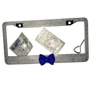 Clear Crystal Rhinestone Chrome Metal License Plate Frame Blue Bow Tie